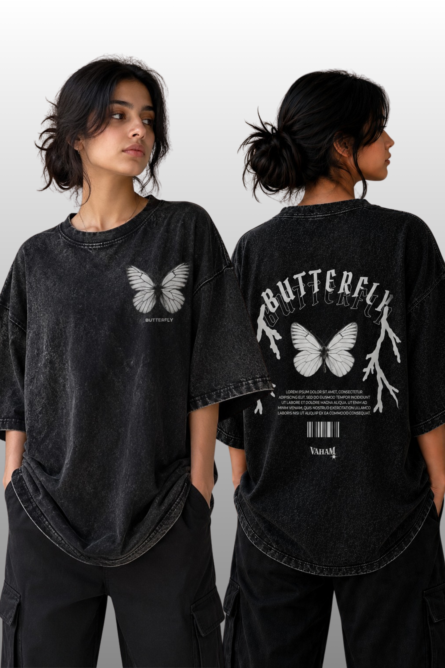 VAHAM Butterfly Effect Oversized Tee – Acid Washed Black