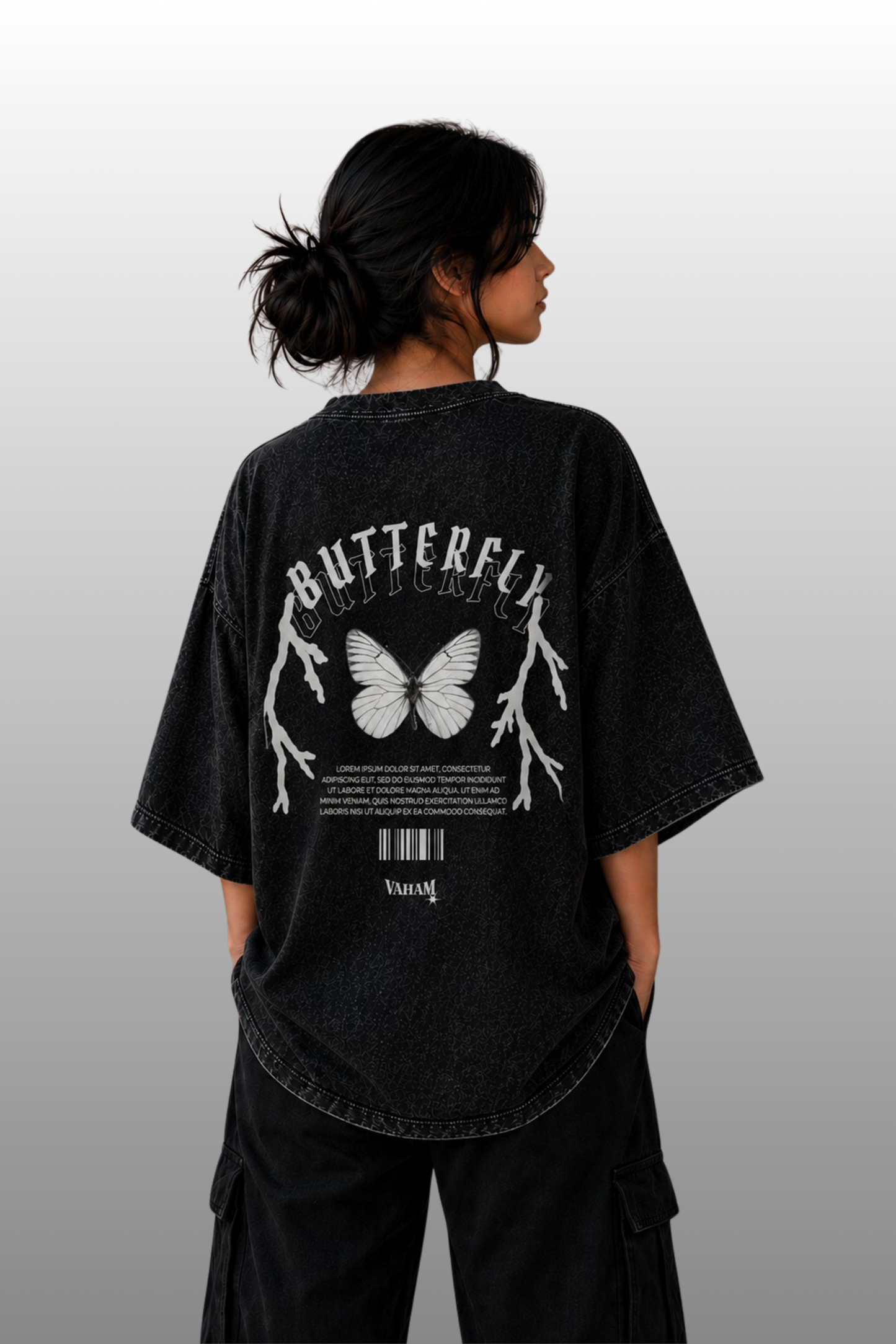 VAHAM Butterfly Effect Oversized Tee – Acid Washed Black