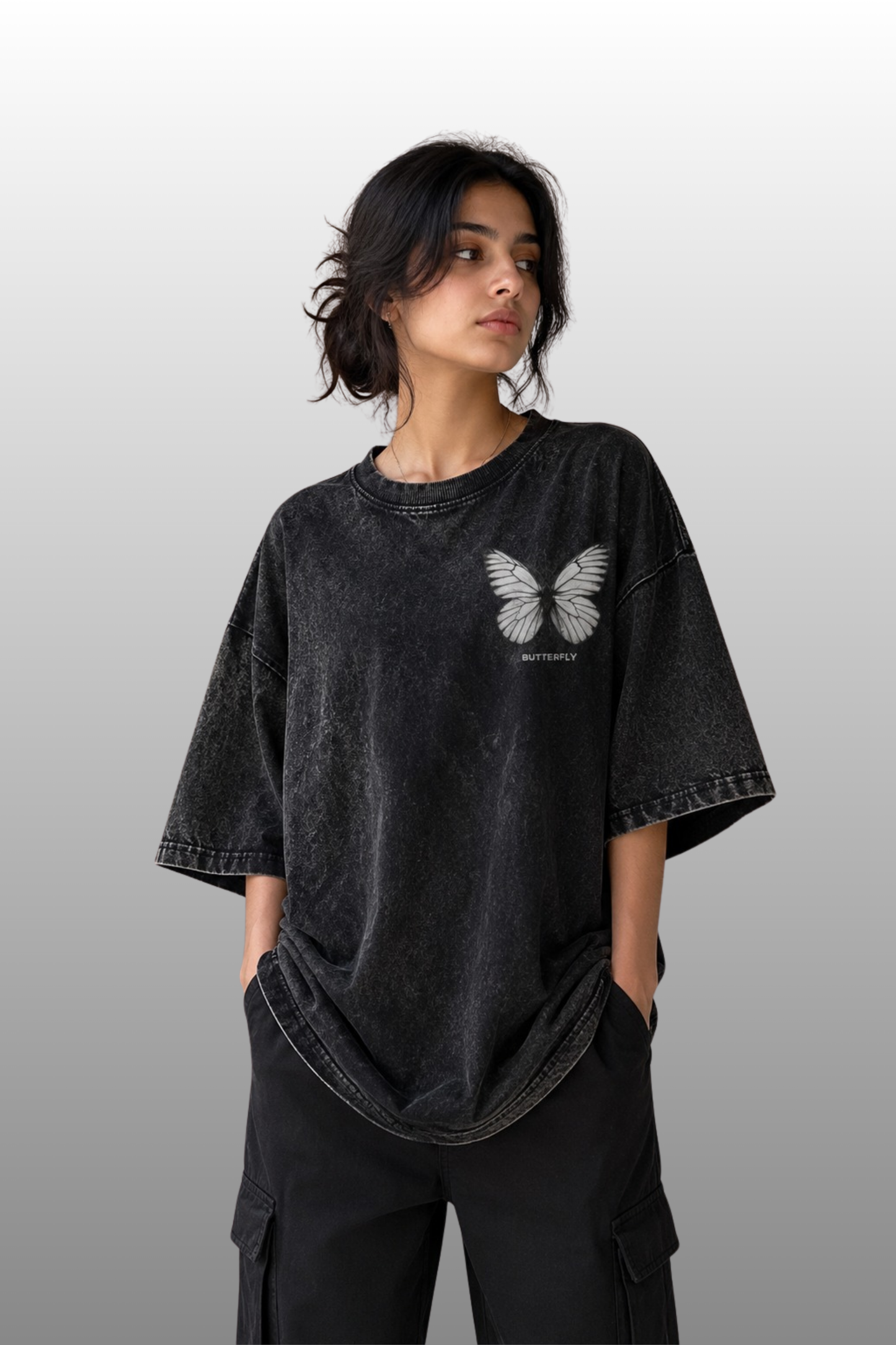 VAHAM Butterfly Effect Oversized Tee – Acid Washed Black